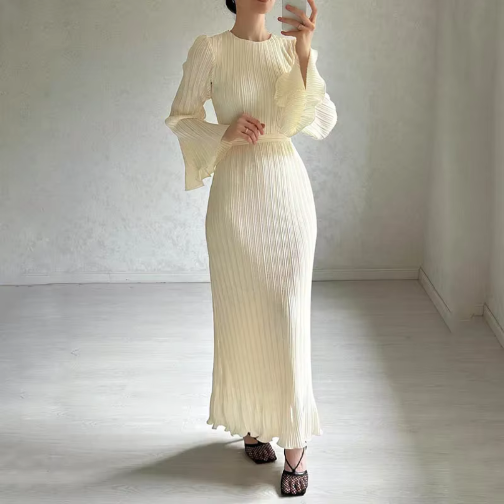 Pleated Modest Flare Sleeves Waist Tie Evening Dress, Cream White
