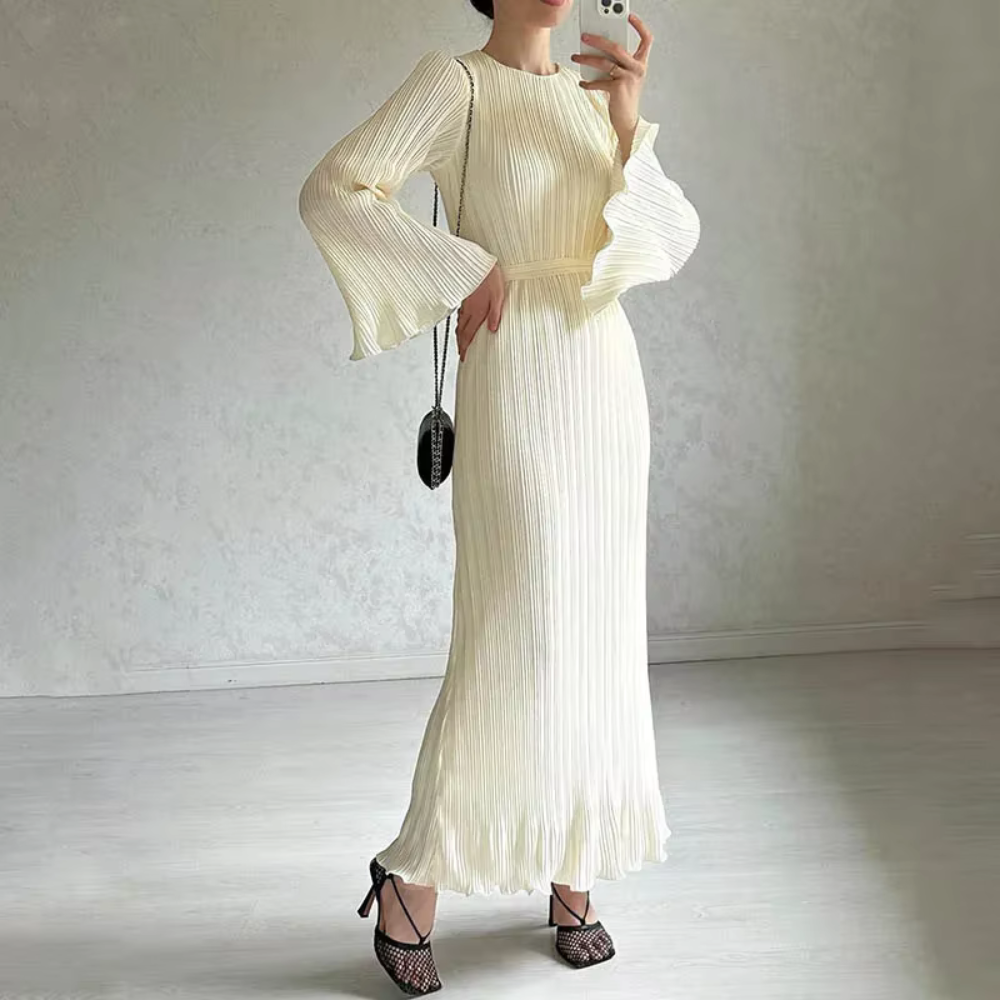 Pleated Modest Flare Sleeves Waist Tie Evening Dress, Cream White, Left