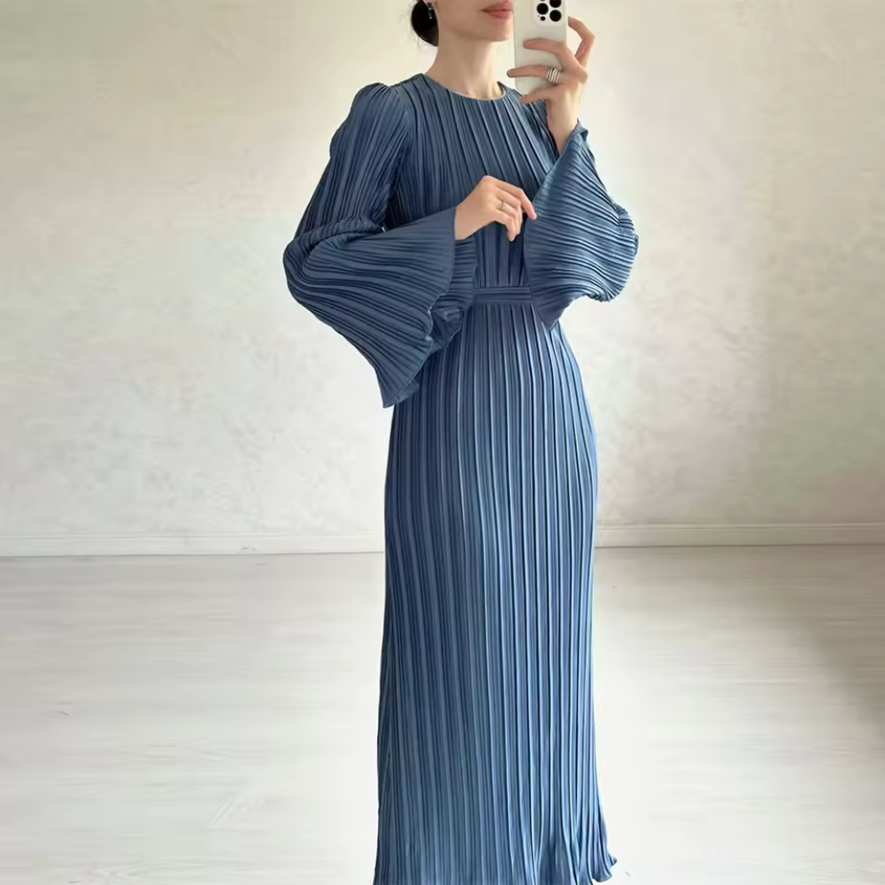 Pleated Modest Flare Sleeves Waist Tie Evening Dress, Navy Blue