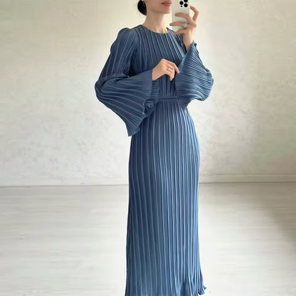 Pleated Modest Flare Sleeves Waist Tie Evening Dress, Navy Blue