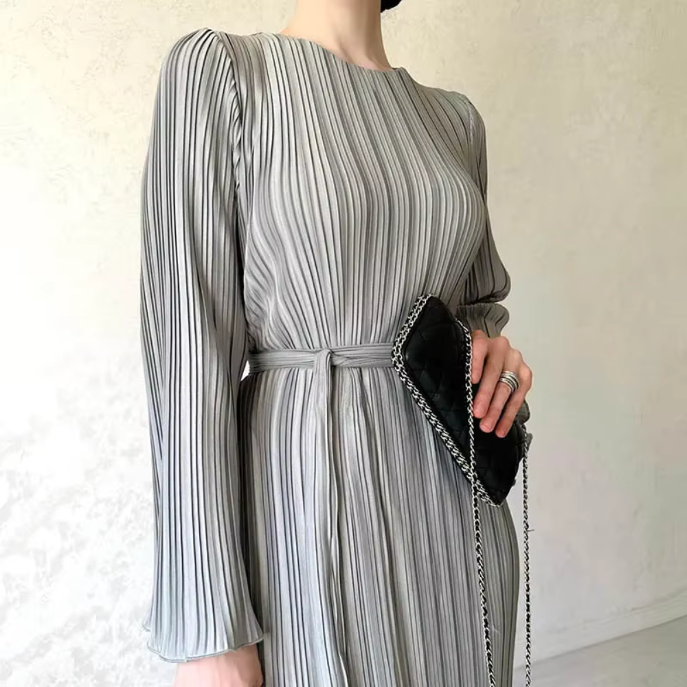 Pleated Modest Flare Sleeves Waist Tie Evening Dress, Grey