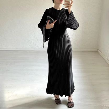 Pleated Modest Flare Sleeves Waist Tie Evening Dress, Black