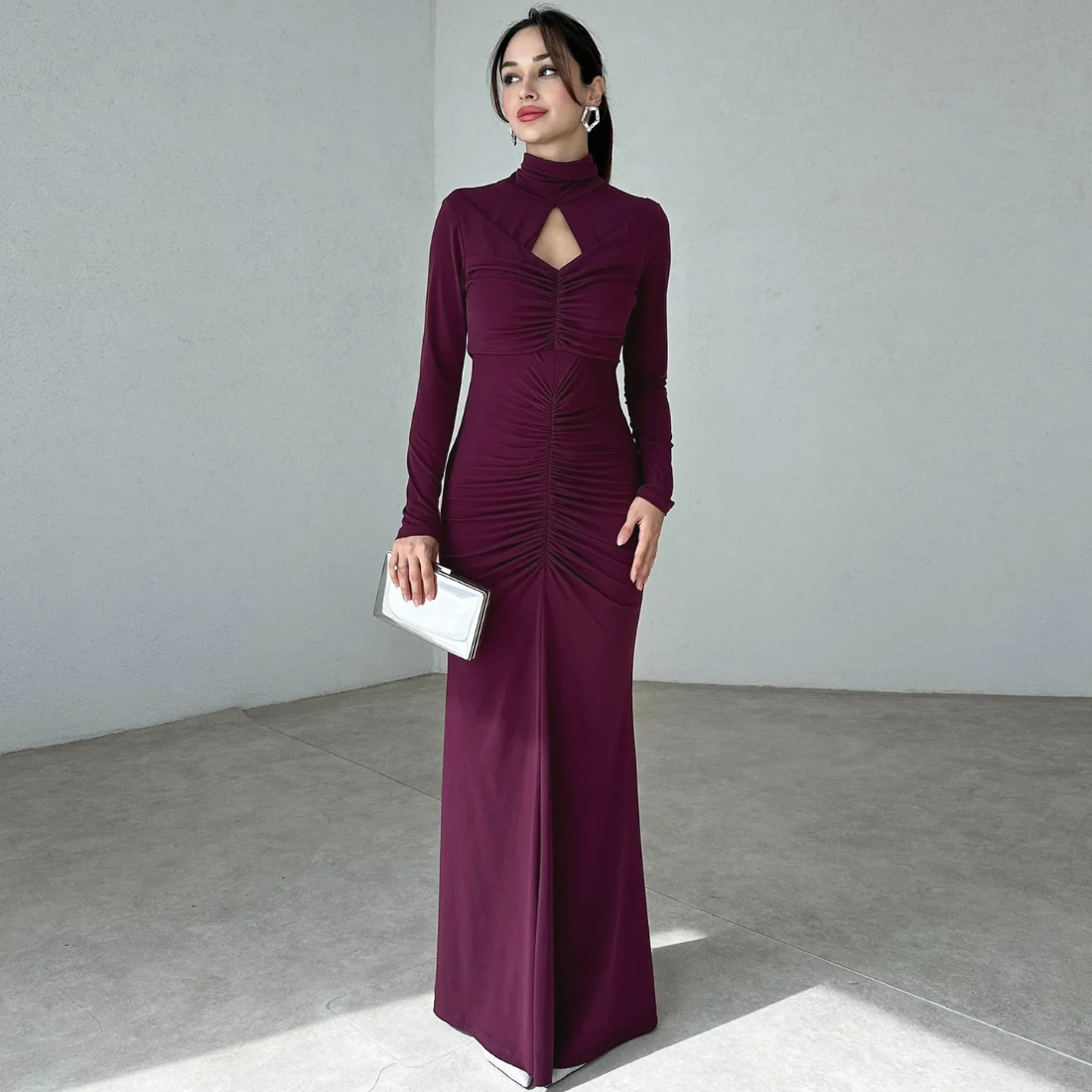 Purple Pleated High Neck Modest Long Dress