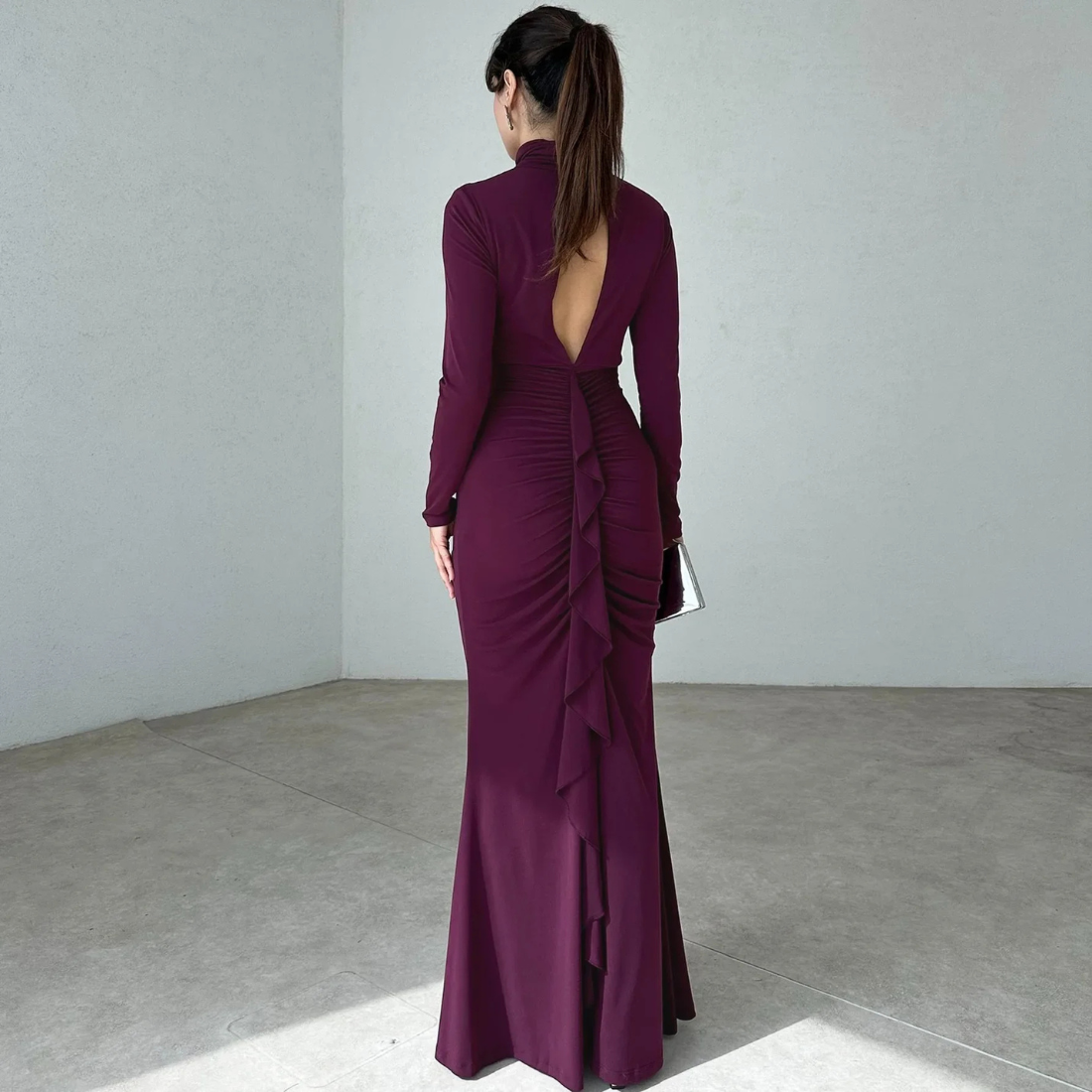 Purple Pleated High Neck Modest Long Dress, Back