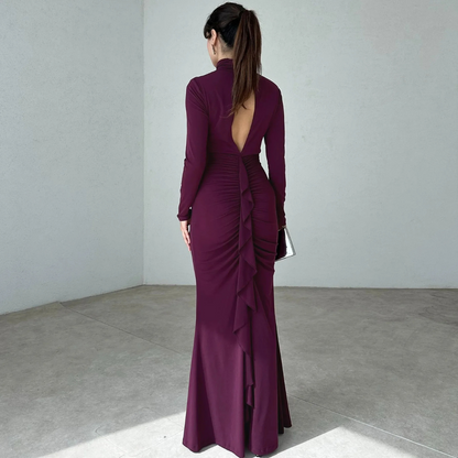 Purple Pleated High Neck Modest Long Dress, Back