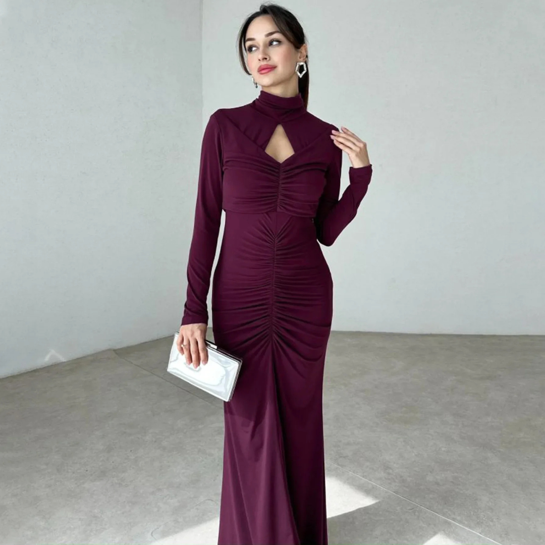 Purple Pleated High Neck Modest Long Dress, Close Up
