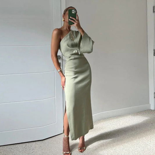 Sage Green Linen One Shoulder Flare Sleeve Midi Dress