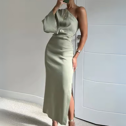 Sage Green Linen One Shoulder Flare Sleeve Midi Dress, Left
