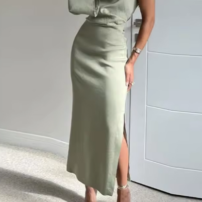 Sage Green Linen One Shoulder Flare Sleeve Midi Dress, skirt