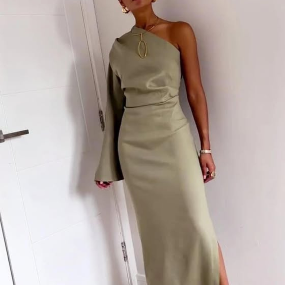 Sage Green Linen One Shoulder Flare Sleeve Midi Dress, Close Up