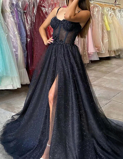 Black Glitter Tulle Princess Prom Dress, Sweetheart Neck, side