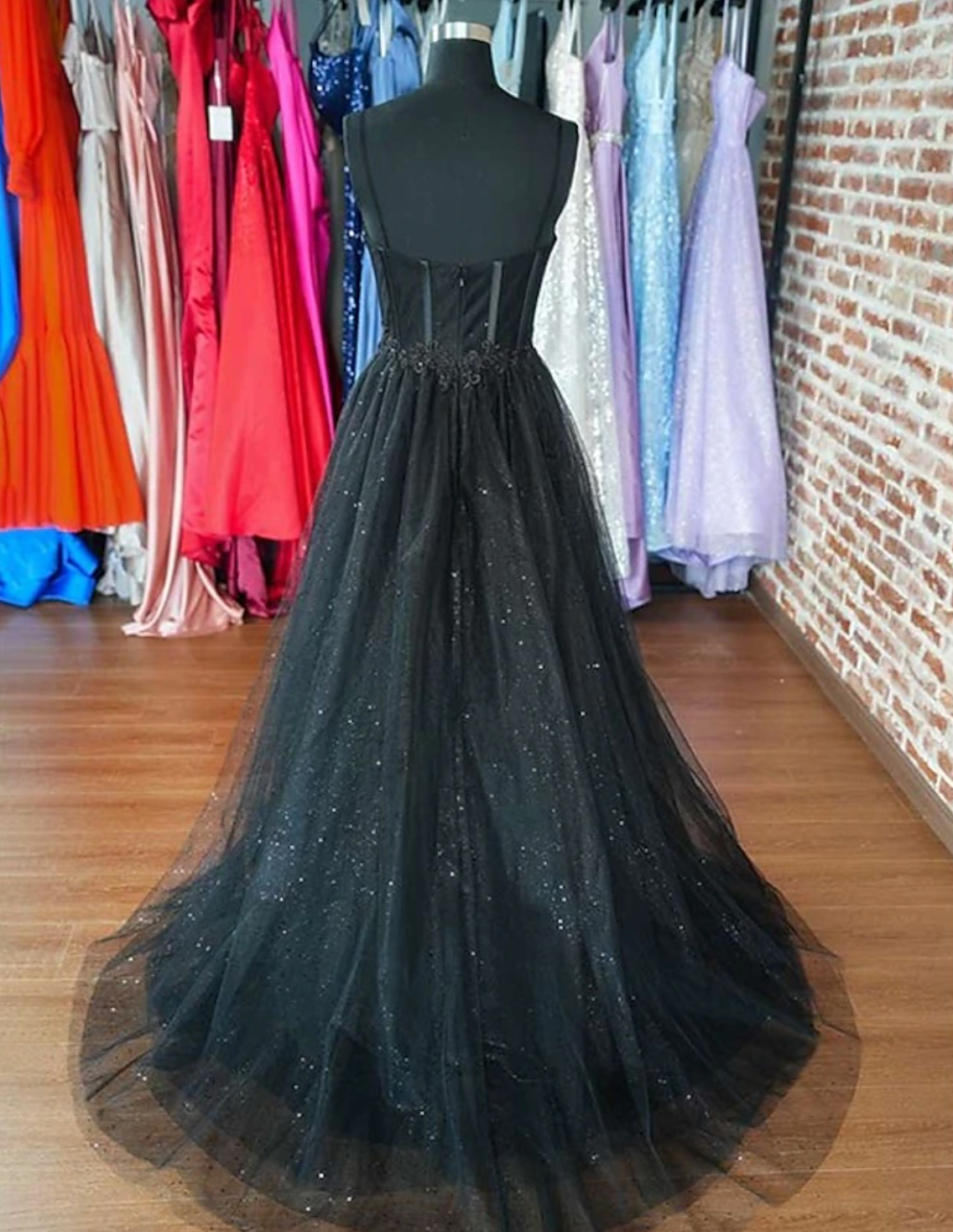 Black Glitter Tulle Princess Prom Dress, Sweetheart Neck, Back