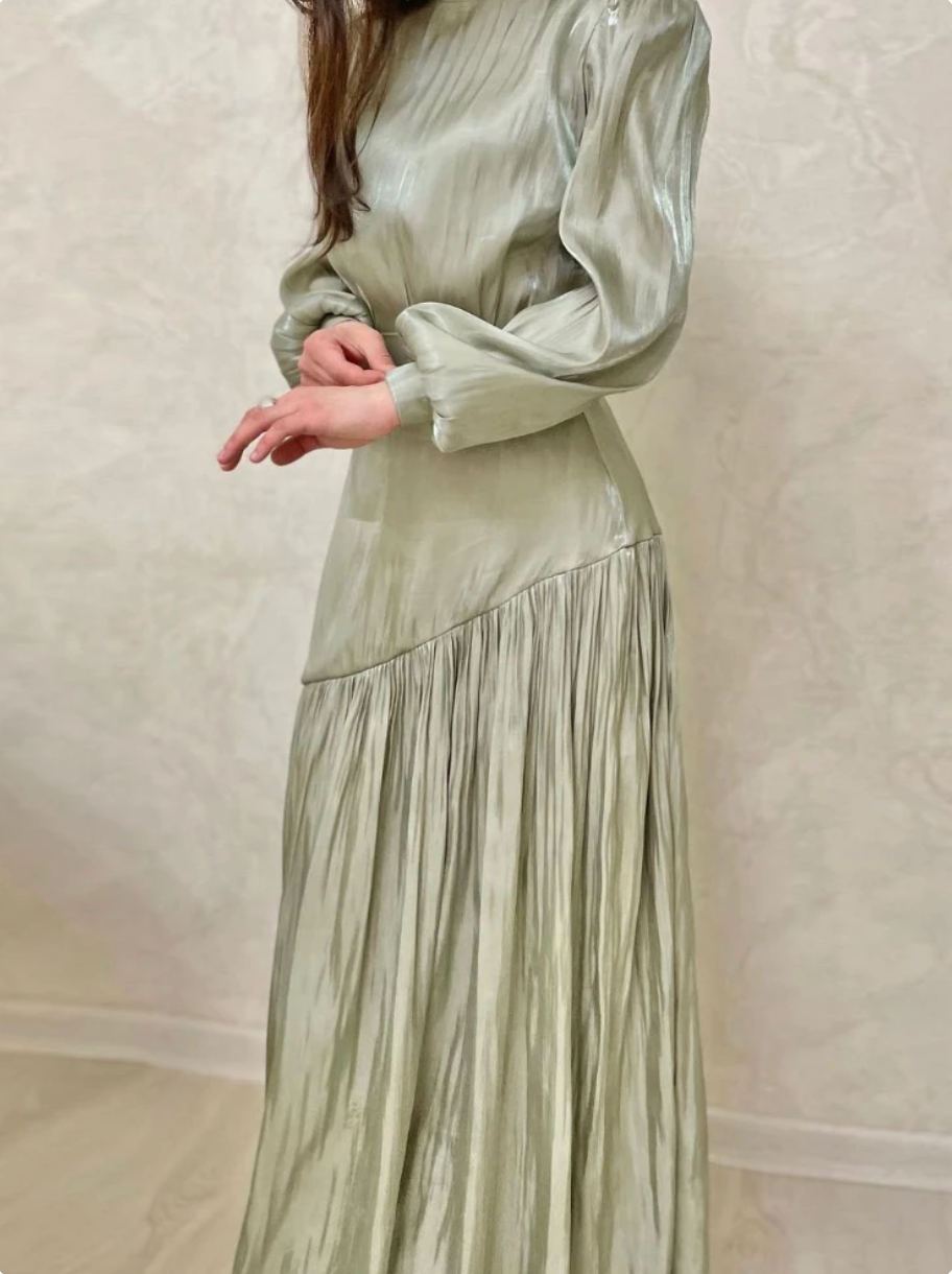 Light Sage Green Ruffle Modest Long Evening Dress, Left