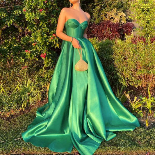 Shining Green Strapless Satin Floor-Length Prom Dress