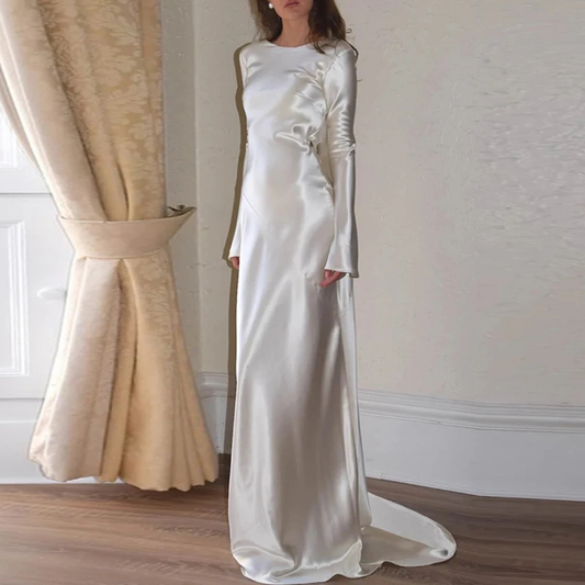 Shiny Satin White Long Sleeves Backless Train Gown