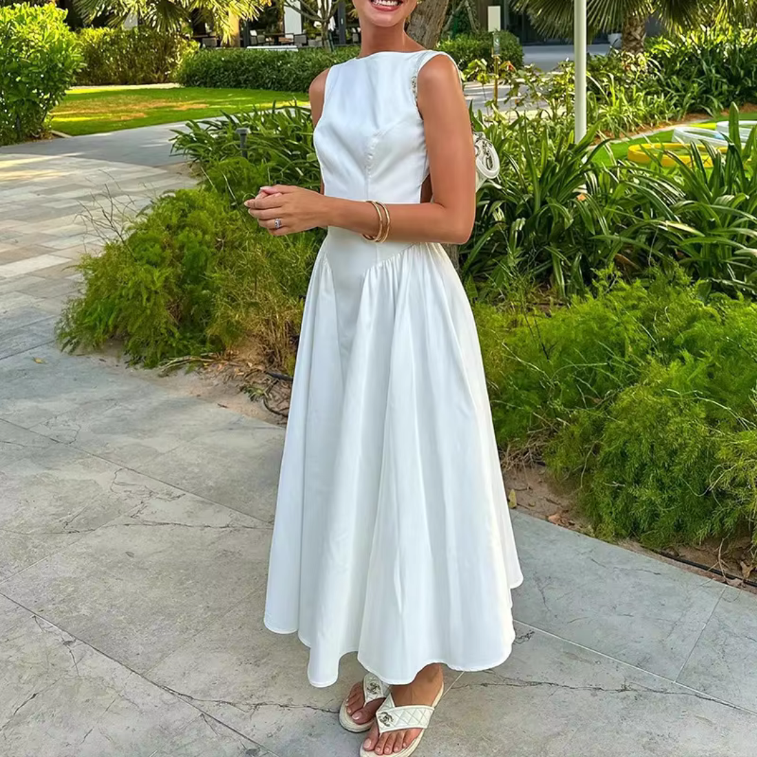 Simple White Sabrina Neck Sleeveless A-Line Formal Dress