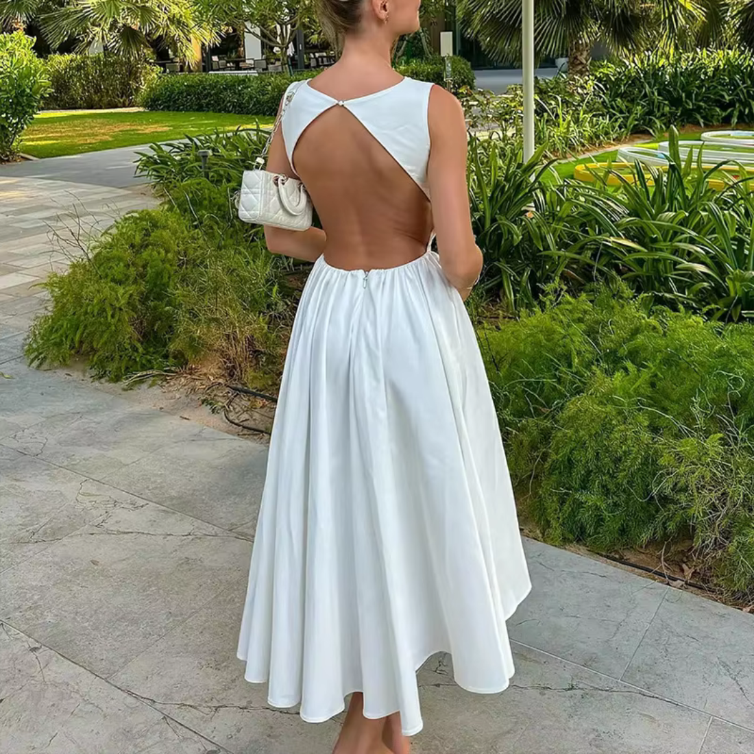 Simple White Sabrina Neck Sleeveless A-Line Formal Dress, Back