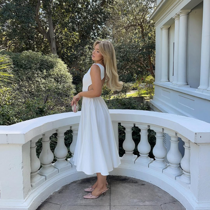 Simple White Sabrina Neck Sleeveless A-Line Formal Dress, Right