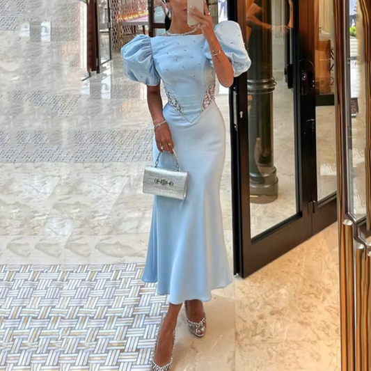 Sky Blue Satin Sequin Short Puff Sleeves Evening Dress, Front