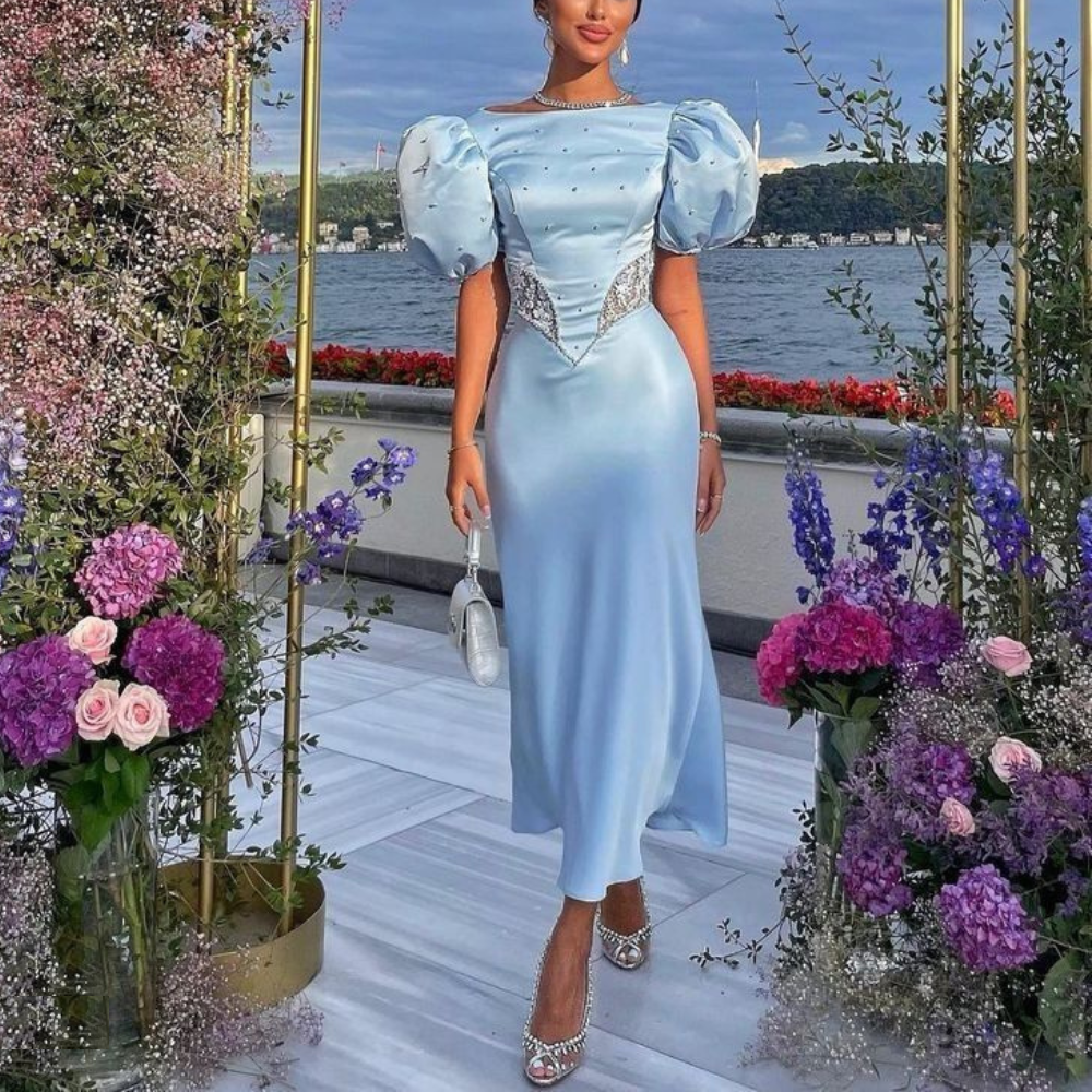 Sky Blue Satin Sequin Short Puff Sleeves Evening Dress, Left