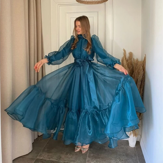 Teal Blue Organza Puff Long Sleeves Modest Evening Dress, Front