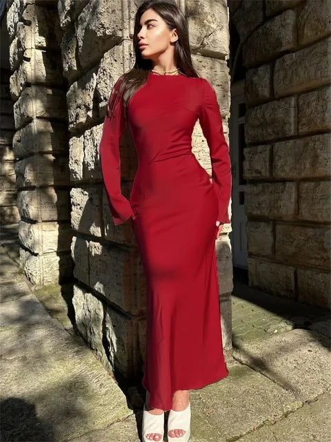 Silk Red Modest Evening Dress, Front