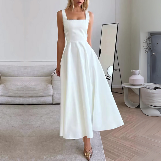 White Square Neck Sleeveless Satin Midi Dress