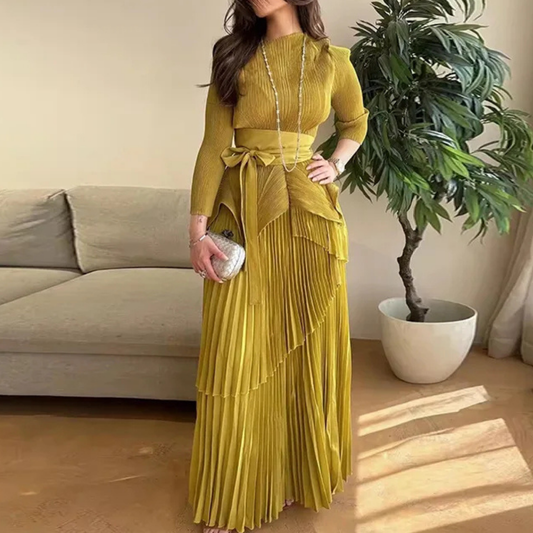 Yellow Modest Bow Belt Multilayered Pleated Long Dress, Front