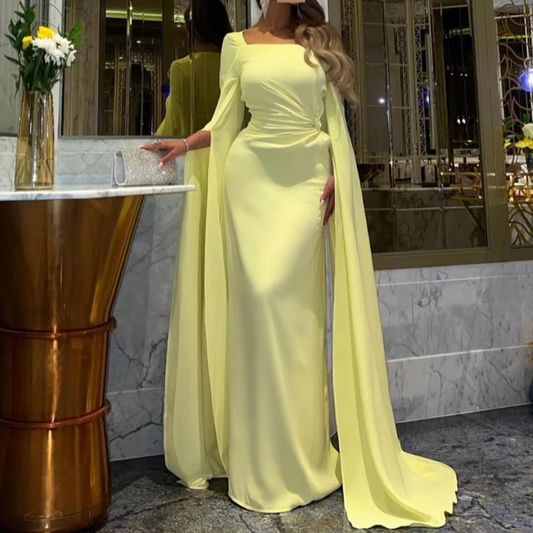 Yellow Modest Long Drape Sleeves Chiffon Elegant Gown, Front