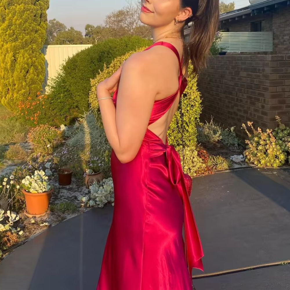Red Satin Halter Neck Sleeveless Cross Bow Evening Dress, Front