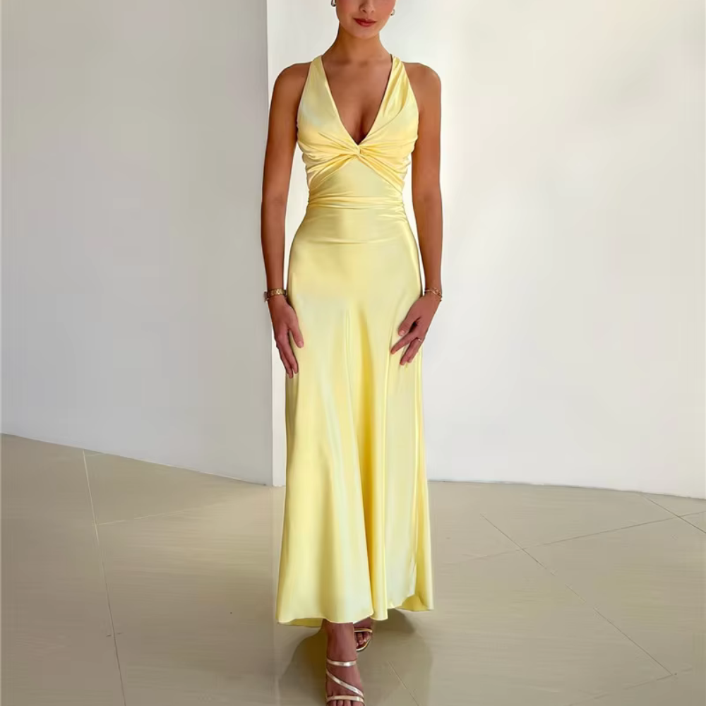 Yellow Satin Halter Neck Sleeveless Cross Bow Evening Dress, Front
