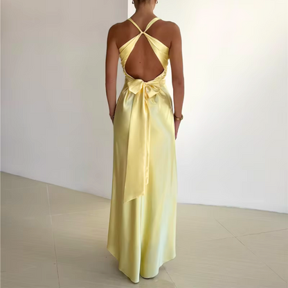 Yellow Satin Halter Neck Sleeveless Cross Bow Evening Dress, Back