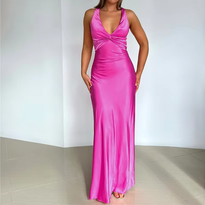 Hot Pink Satin Halter Neck Sleeveless Cross Bow Evening Dress, Front