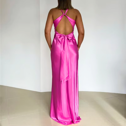 Hot Pink Satin Halter Neck Sleeveless Cross Bow Evening Dress, Back