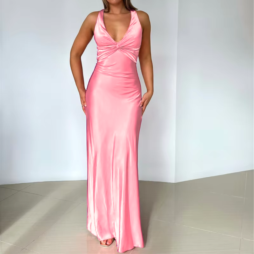 Light Pink Satin Halter Neck Sleeveless Cross Bow Evening Dress, Front