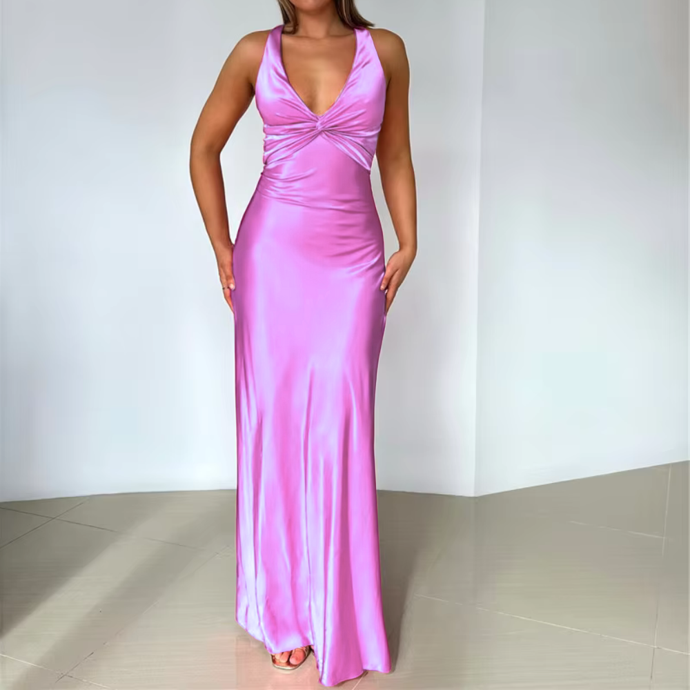 Purple Satin Halter Neck Sleeveless Cross Bow Evening Dress, Front
