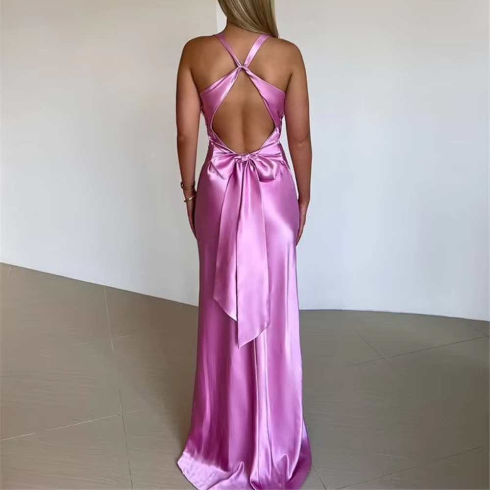 Purple Satin Halter Neck Sleeveless Cross Bow Evening Dress, Back