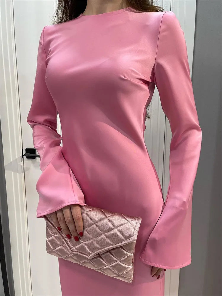 Silk Pink Modest Evening Dress, Close Up