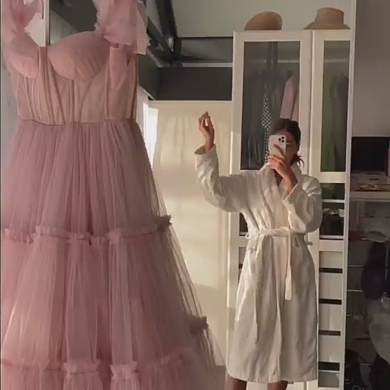 Pink Tiered Tulle Tea-Length Prom Dress, Video