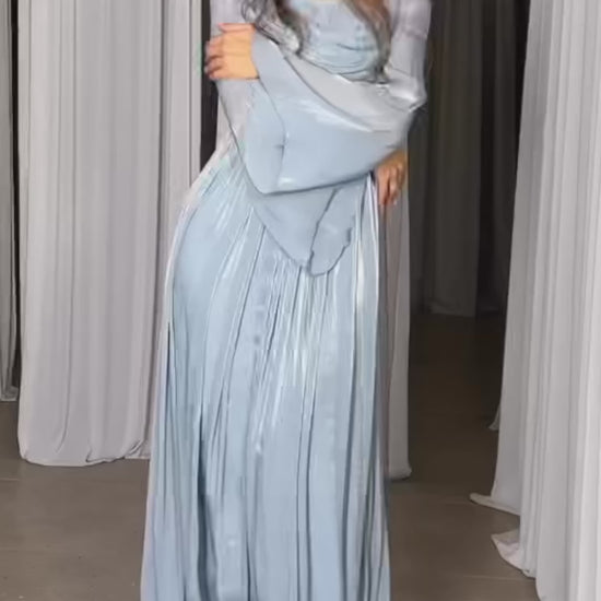 Blue Chiffon Pleated Evening Dress, Long Sleeves, Video Preview