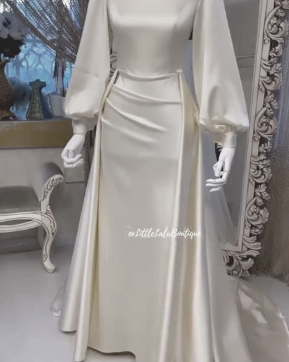 Elegant Satin Ivory White Modest Long Bridal Gown